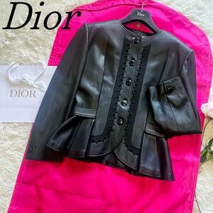 【美品】Christian Dior ノーカラーレザージャケット ブラック L クリスチャンディオール 黒 ライダースジャケット ライトアウター