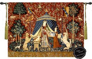 西洋美術「我が唯一つの望みに」貴婦人と一角獣ユニコーン中世ジャガード織壁掛けタペストリーサイズ幅120ｃｍ×長さ82ｃｍ輸入品