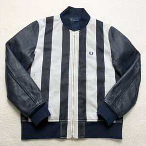 FRED PERRY【極上のラムレザー】フレッドペリー スタジャン アワードジャケット 革ジャン ブルゾン シープスキン 羊革 本革 S-M ネイビー