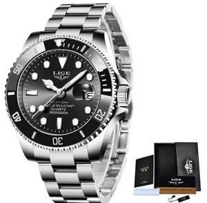 LIGE メンズ 腕時計 高品質 クオーツ カジュアル スポーツ ビジネス ウォッチ 10045 クロノグラフ 防水 時計 シルバー × ブラック