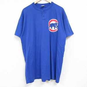 XL/古着 マジェスティック 半袖 Tシャツ メンズ MLB シカゴカブス ヘンリーネック 青 ブルー メジャーリーグ ベースボール 野球 24may07 中