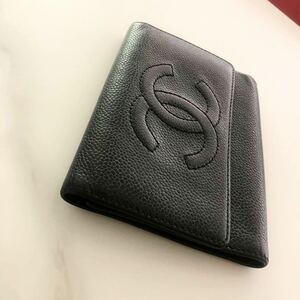 ◆◆◆シャネル CHANEL キャビアスキン ココマーク 三つ折り 正規品　イタリア製　大きめ　ゴールド金具　長財布 レザー