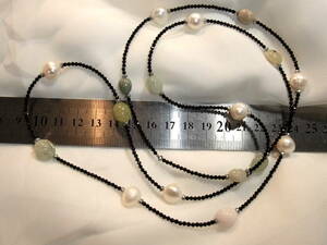 144-3 ブラックスピネルアクアマリンモルガナイト90㎝ロング金具なし淡水真珠等のネックレス!天然石その他使用