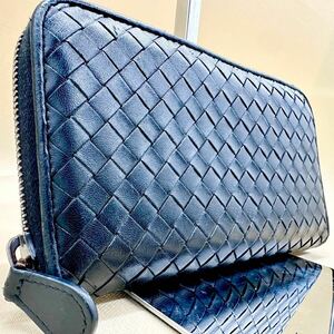 極美品●BOTTEGA VENETA ボッテガヴェネタ イントレチャート ラウンドファスナー ブラック 黒 長財布 財布 メンズ カーフ レザー ビジネス