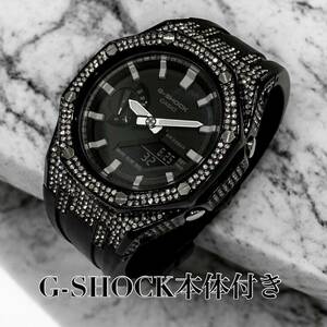 【本体付き】G-SHOCK GA-2100ラバーベルトセット メタル カシオーク カスタム Gショック　ブラック　フルジルコニアベゼル＋ブラックラバー