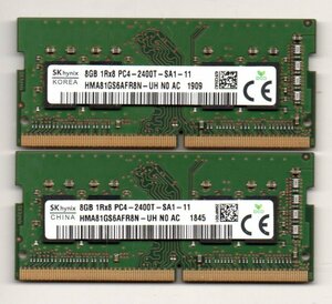 SKhynix ★ DDR4ノート用メモリ　1Rx8　PC4-2400T-SA1-11　8GB×2枚セット　計 16GB ☆ 両面チップ ★