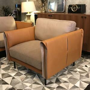 展示格安!Bella Sofa 1P/本革×ファブリック(ミッドセンチュリー,midcentury,キャメル,ロールスロイス,カッシーナ,B&B,ポルトローナ相性良