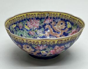 中国 古玩 大清同治年製 粉彩龍花文薄胎六角碗 茶碗 薄手