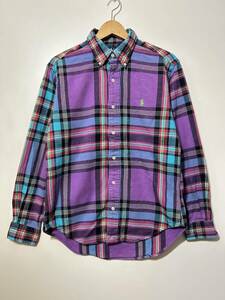 ● Ralph Lauren CLASSIC FIT 長袖 フランネルシャツ コットン ネルシャツ ボタンダウン チェック 紫系 水色 ポニー刺繍 M インパクト21 