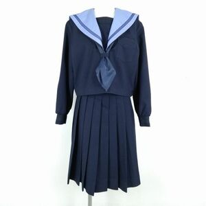 1円 セーラー服 スカート スカーフ 上下3点セット 大きいサイズ 冬物 青3本線 女子 学生服 中学 高校 紺 制服 中古 ランクC NA1671