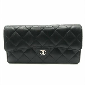 1円 良品 CHANEL シャネル ココマーク マトラッセ ラムスキン ウォレット 長財布 ブラック a3327