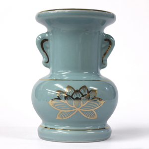 仏具 陶器製 花立「セト花立 4.5寸」青磁上金蓮 花瓶 仏具用品