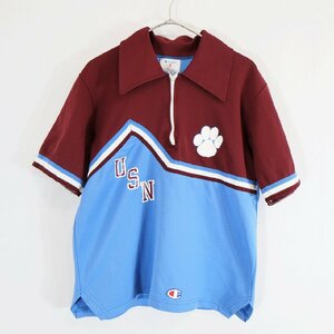 SALE///// 80s USA製 Champion チャンピオン USN 半袖 ハーフジップシャツ トリコタグ ボルドー×ライトブルー ( メンズ S ) N4822