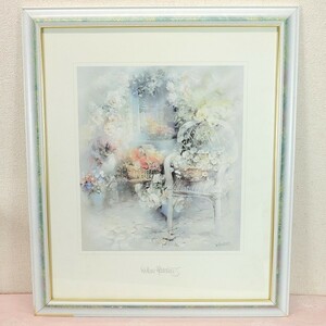 印刷 ヴィレム・ヘインレイツ 額に難有 中古 【2m30】 Willem Haenraets 複製画 ポスター 額装 額縁 長期保管品 花 フラワー 椅子 チェアー