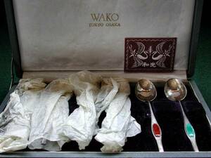 WAKO 　銀座和光謹製　銀950七宝匙六本　栞箱古未使用60g　　　