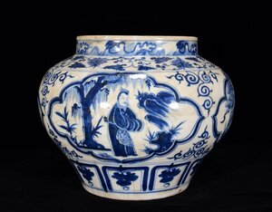 ◆古寳堂◆元 青花 人物紋罐 古陶瓷品 極細工 古置物 古擺件 中国古美術 時代物 古董品