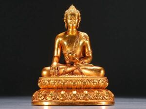 【瓏】古銅彫 塗金薬師仏坐像 清時代 古置物擺件 銅仏像 仏教文化 蔵出