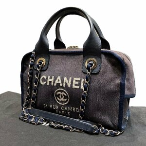 CHANEL シャネル ドーヴィル ボーリングバッグ デニム×レザー ハンドバッグ デニム ブルー系 A92749