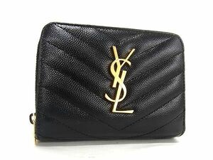 1円 ■極美品■ YVESSAINTLAURENT イヴサンローラン カサンドラ Vステッチ レザー 二つ折り 財布 ウォレット ブラック系 AY1648