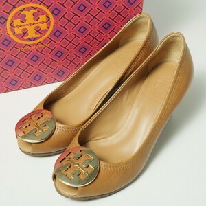 GP5557△TORY BURCH トリーバーチ*レザー*SALLY*ウェッジソール*ダブルT メタルロゴ オープントゥ パンプス*ブラウン*size5.5/約22.5cm