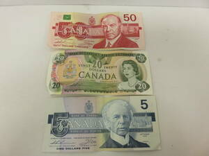  カナダドル　旧紙幣　額面 75ドル　50ドル×1枚　20ドル×1枚　5ドル×1枚　外国貨幣　外国札　外貨　Canada