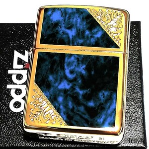 ZIPPO(ジッポー) ゴールドメッキ 真鍮 エッチング アーマー ベネチアン ブルー 青 両面加工 音が良い 風防付き 永久保証