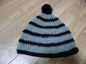 ハンドメイド　手編み　ニットキャップ/紺　モスグリーン色　毛糸　手作り　レトロ　帽子　ニット帽