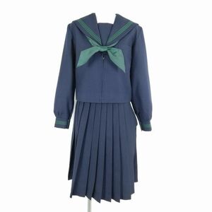 1円 セーラー服 スカート スカーフ 上下3点セット 160 冬物 緑3本線 女子 学生服 中学 高校 紺 制服 中古 ランクC NA1229