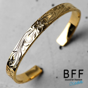 BFF ブランド ハワイアンバングル 幅8mm ゴールド 18K GP 平打ちバングル 腕輪 メンズ レディース 専用BOX付属