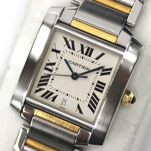 【Cartier】カルティエ タンクフランセーズ LM 2302 W51005Q4 SS×YG ホワイト（ギョーシェ） クォーツ メンズ レディース　腕時計