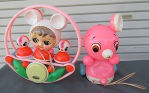 ☆昭和レトロ☆キャネロン CANELON 起き上がりこぼし ジャンク引き車 2個セット 育児玩具 セルロイド人形 ベビー 赤ちゃんおもちゃ