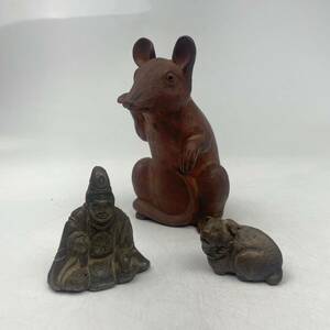 古備前　鼠　犬　人物　置物　まとめて　/　時代物　古置物　煎茶飾　陶器人形　.1840