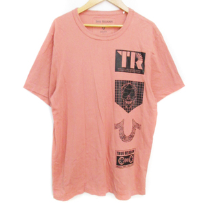 トゥルーレリジョン TRUE RELIGION Tシャツ カットソー 半袖 Uネック ロゴ プリント S オレンジ 黒 ブラック /FF43 メンズ