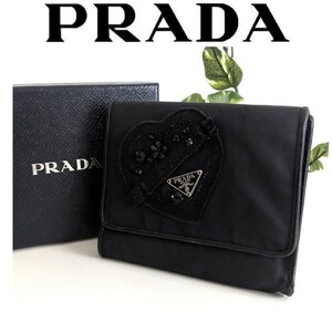 PRADA ヴィンテージ ナイロン レザー ビーズ パッチワーク 折り畳み 財布 三つ折り ウォレット 黒 ブラック miumiu レディース メンズ