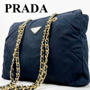 極美品 プラダ PRADA ショルダーバッグ バック トートバッグ キルティング ゴールドチェーン ダブルチェーン 三角プレート ナイロン