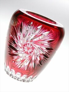 n744 ドレスデン クリスタル 赤被せ カット ベース 花瓶 飾壷