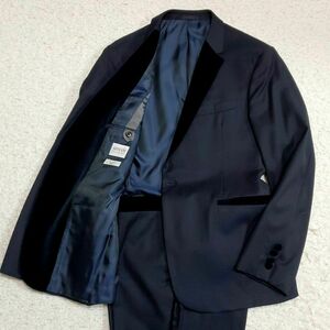 極美品 XL アルマーニコレツォーニ タキシード ウール100 スーツ 紺 ベロア ARMANI スモーキングジャケット セットアップ 52 ネイビー