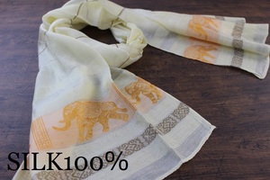 新品 春色 薄手【シルク100% SILK】エレファント柄 象柄 レモンイエロー 黄色 YELLOW ゴールド GOLD 金 スカーフ/ストール 