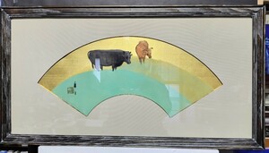 都路華香「牛」日本画 　真作扇面額装　
