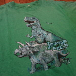 80s～ JURASSIC AGE Tシャツ グリーン エロ 恐竜 半袖 シングルステッチ ヴィンテージ ジュラシックパーク 動物 アニマル ダイナソー
