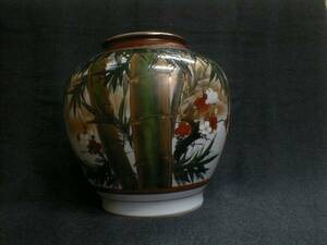 九谷　翠穂作　鮮やか色絵　24x23cm　2.4kg　陶磁器製飾り花瓶