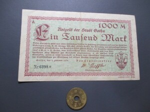 極美品　ドイツ地方紙幣　ゴータ市　1923年　1000マルク