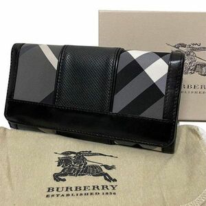 【日本限定モデル】BURBERRY バーバリー コンチネンタル 長財布 ノバチェック(スモークチェック) )キャンバス 化粧箱 ユニセックス D075