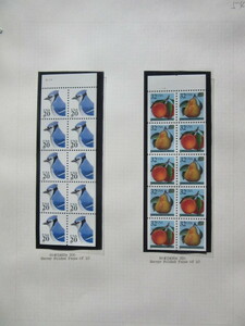 アメリカ切手　鳥20¢×10枚ブロック　モモ　と　洋ナシ　32¢×10枚ブロック　2種　（未使用）