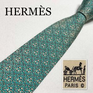 HERMES エルメス　ネクタイ　金具　総柄　シルク100% フランス製　ターコイズグリーン　ビジネス