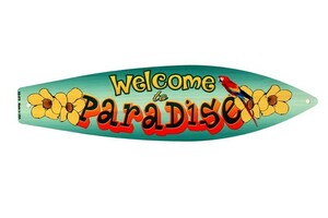 WELCOME TO PARADISE オウム柄 サーフボード型 アメリカンブリキ看板