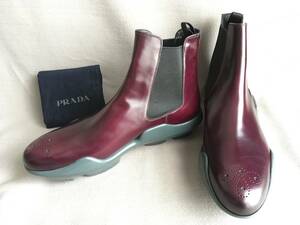 新品 プラダ コレクション サイドゴア レザー ブーツ 10.5 PRADA 革靴 バーガンディ ボルドー シューズ