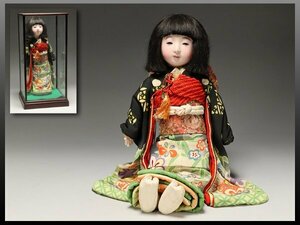 【静岡】150A 上手 大正～昭和初期頃 市松人形 ガラスケース付き 本体高さ41.5cm ym