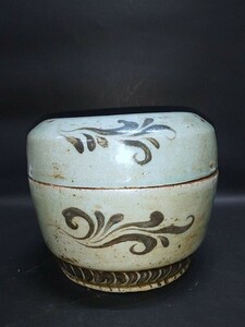 朝鮮高麗時代　鉄絵　花紋青磁蓋缶