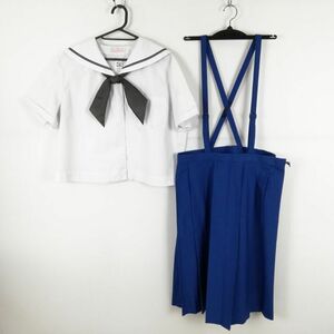 1円 セーラー服 スカート スカーフ 上下3点セット 180B 大きいサイズ 特大 トンボ 夏物 青2本線 女子 中学 高校 白 中古 ランクC NA0493